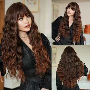 Long Water Wave Ombre Brown Synthetic Wig With Bangs High Temperature Fiber Natural Wavy Hair For Women Heat Resistant Daily Party Wear