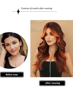 Detail showing contrast before and after wearing long wavy flame orange balayage wig