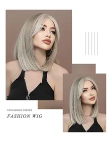 Detail view of light blonde lace front bob wig showing straight hair texture and sheen