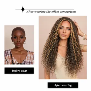 T-part lace front long wavy wig in dark brown with blonde highlights before and after view