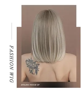 Rear view of sleek ash blonde bob wig showing smooth hair texture and straight cut