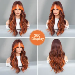 360-degree view of long wavy brown wig with orange face-framing highlights