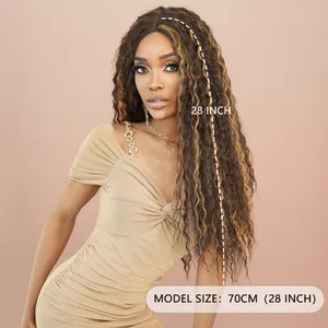 28 inch long wavy T-part lace front wig with brown highlights for women
