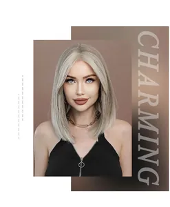 Detail view of lace front bob wig in platinum blonde with middle part and layered cut