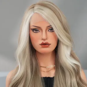 Close-up of ash blonde long wavy T-part lace wig with realistic hairline and smooth texture