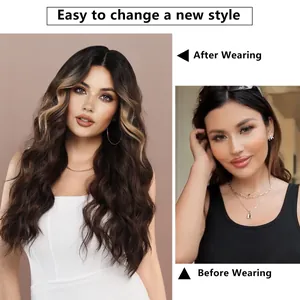 Brown long wavy wig with blonde highlights and transformation before and after effect