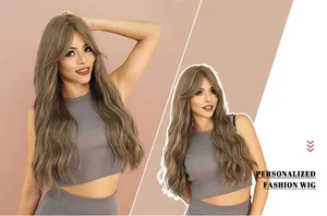 Detail view of ash brown long wavy wig with air bangs and natural synthetic hair texture