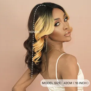 16 inch long curly synthetic lace wig with dark roots to blonde ombre wave style