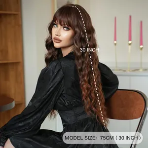 30 inch long wavy synthetic hair wig with bangs in gradient brown and caramel tones