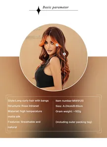 Size chart for orange gradient wavy wig showing 65cm length and breathable rose net details