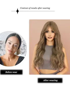 Before and after contrast showing long wavy brown wig with bangs for volume and style