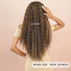 28 inch long T-part wavy lace hair wig with deep brown and honey blonde highlights