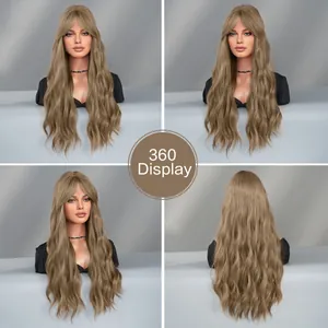 360-degree view of long wavy synthetic hair in ash brown color with wispy bangs
