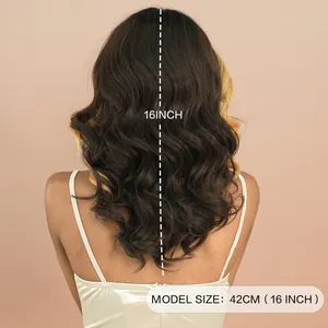16-inch wavy curly lace synthetic wig with highlights of dark brown and golden blonde