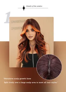 Detail of simulation scalp and free parting on long wavy balayage flame orange wig
