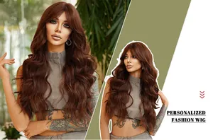 Detail of long wavy auburn synthetic wig with French bangs and natural shine finish