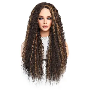 Long curly T-part lace front wig with brown and blonde highlights for women
