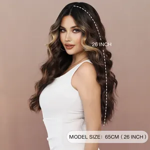 26 inch long wavy T-part lace wig with dark brown and blonde highlights for women