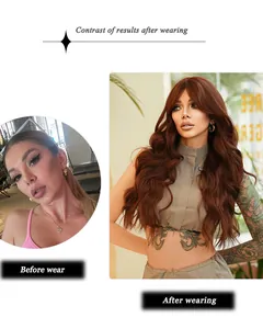 Comparison showing before and after wearing the long wavy cocoa brown synthetic hair wig