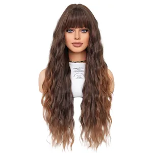 Long ombre brown wavy wig with bangs, natural heat resistant synthetic fiber hair
