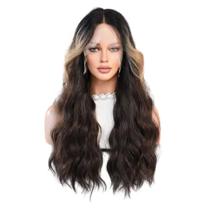Lace front wavy long wig with dark brown base and blonde money piece highlights