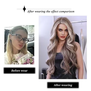 Long wavy T-part lace wig in ash blonde featuring natural-looking volume and hair texture