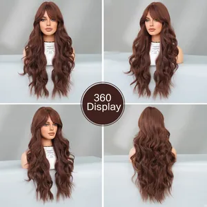 360-degree view of long wavy reddish-brown synthetic wig with French bangs from multiple angles