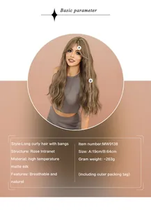Detail view of long wavy brown wig with specs showing 19cm bangs and 64cm length