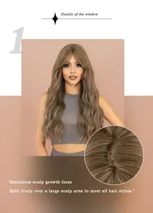 Detail showing high-fidelity simulated scalp with large parting area on long wavy brown wig