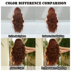 Detailed color comparison of cocoa brown long wavy wig under four different lighting conditions