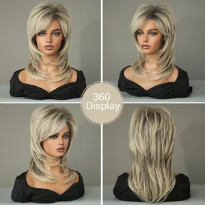 Detailed 360 view of shoulder-length layered shag wig with bangs in ash blonde synthetic hair
