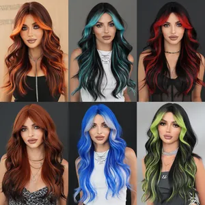 Long Wavy Synthetic Wig With Curtain Bangs Fashion Highlight Ombre Curly Wigs For Women Natural Heat Resistant Hair Full Head Wig