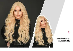 Detailed view of long wavy blonde lace front wig with personalized fashion styling