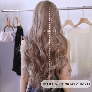 28 inch ash grey wavy T-part lace wig for women with natural long synthetic hair curls