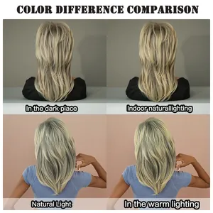 Layered ash blonde wig color comparison under indoor, outdoor, and warm light