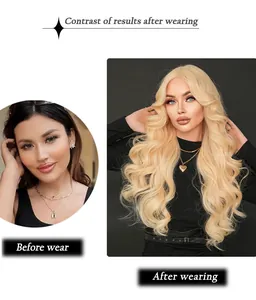 Side-by-side comparison showing before and after wearing long platinum blonde wavy wig