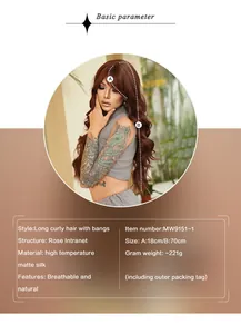Detailed specifications of 70cm wavy brown wig with 18cm bangs and rose net structure