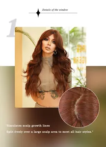 Detailed view of auburn long wavy wig featuring simulated scalp for natural parting line