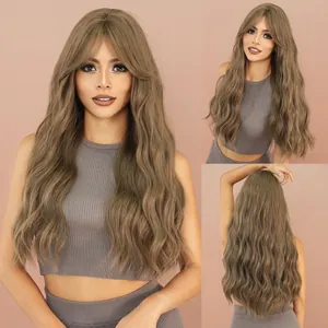 Women Long Wavy Synthetic Hair Wig With Curtain Bangs Heat Resistant Natural Looking Daily Fashion Hairpiece For Style Transformation