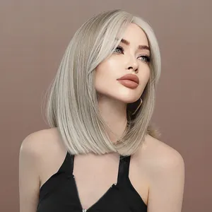 Short straight ash blonde bob wig with bangs and lace front, professional headshot