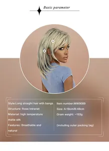 Detailed specs of layered ash blonde shoulder-length wig with bangs and rose net structure