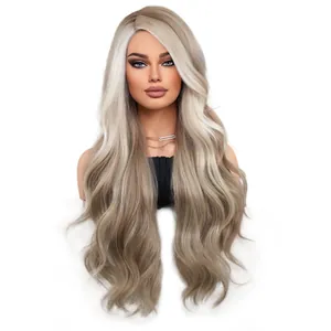 Long ash blonde ombre wave wig with dark roots and t-part lace for a natural female look
