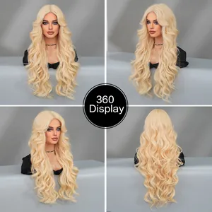 360-degree view of long platinum blonde wavy lace front wig from multiple angles