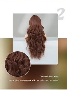 Close-up of matte heat-resistant synthetic fiber showing wavy cocoa brown hair texture