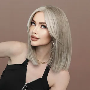 Lace front bob wig with light blonde highlights and short straight synthetic hair