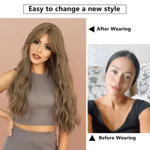 Long wavy synthetic hair wig in ash brown with bangs before and after transformation
