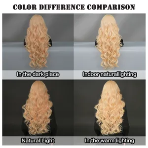 Comparison of platinum blonde wavy lace front wig colors under four different lighting conditions