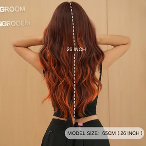 Long wavy 26-inch auburn wig with flame orange highlights and stylish center-parted bangs