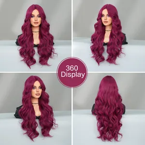 Vue à 360 degrés de la longue perruque synthétique ondulée T-part couleur bordeaux