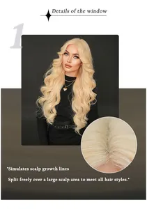 Detail of the realistic simulated scalp and free parting line on blonde wavy lace front wig